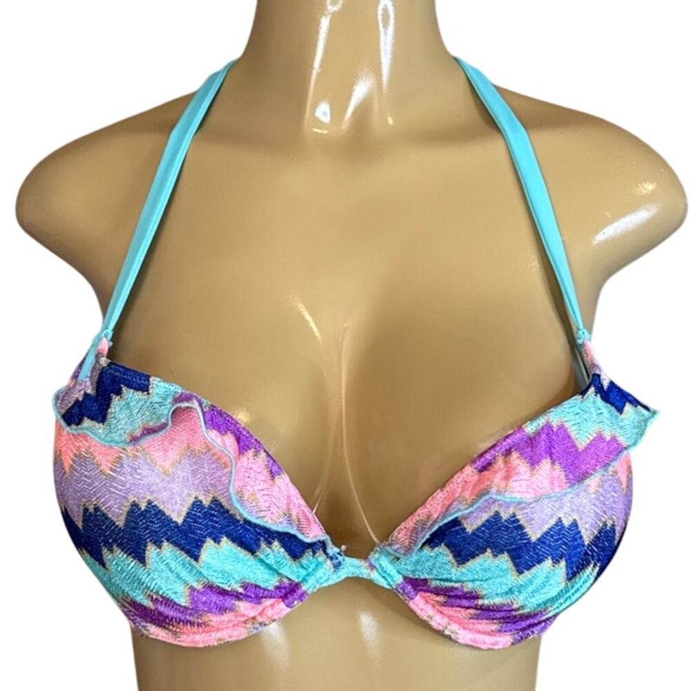 𝅺Victoria’s Secret Blue Pink Purple Knit Halter Bikini Top Swimsuit Size 34D